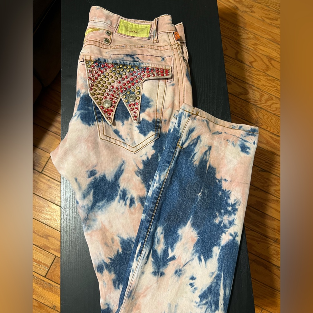SOLD Authentic Robin's Jean Blue and Pink Tie-Dye Studded Jeans